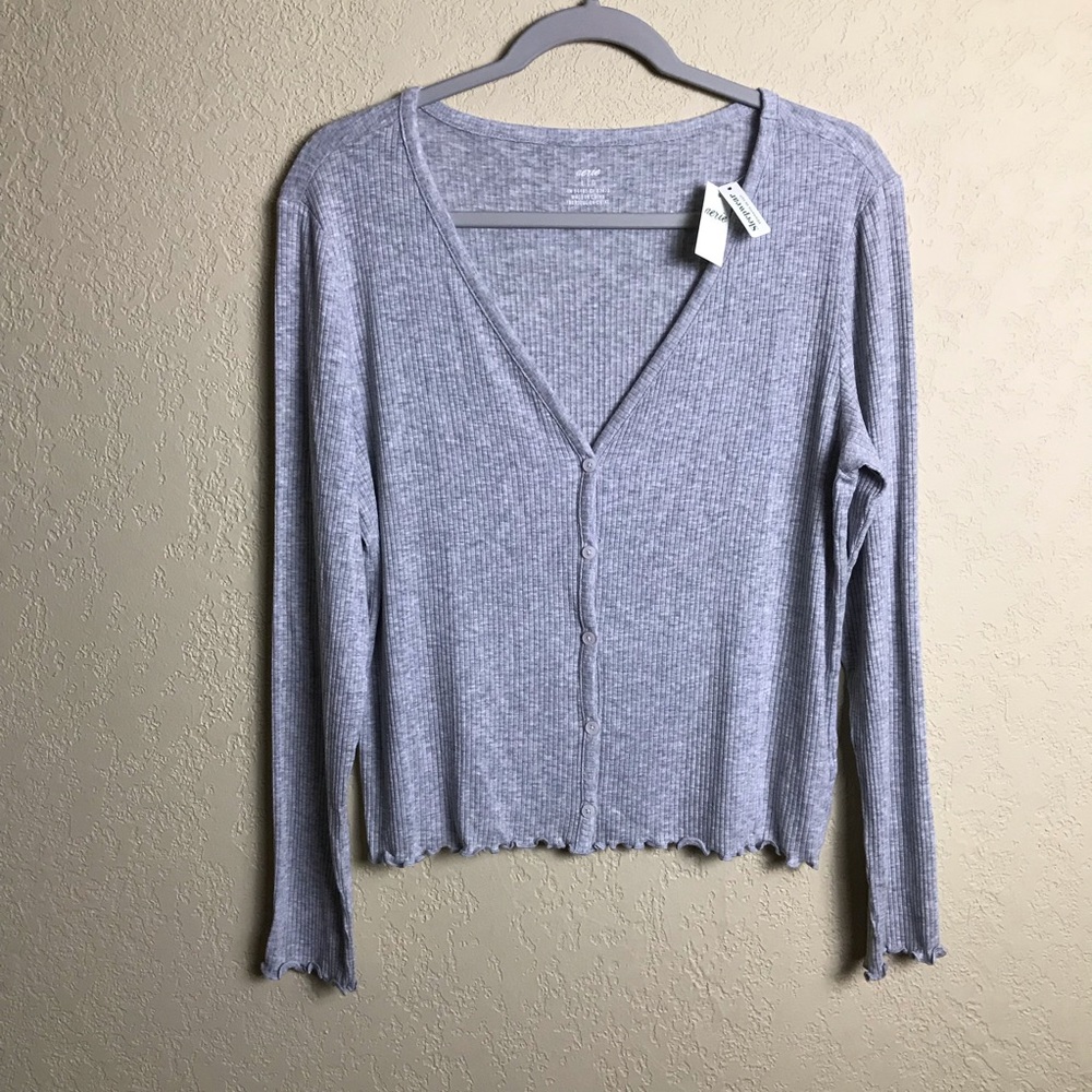 Aerie Gray Sleep Shirt Ribbed Knit Lettuce Edge